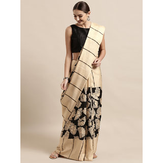 Meia Cream-Coloured & Black Linen Blend Printed Chanderi Saree Meia Cream-Coloured & Black Linen Blend Printed Chanderi Saree