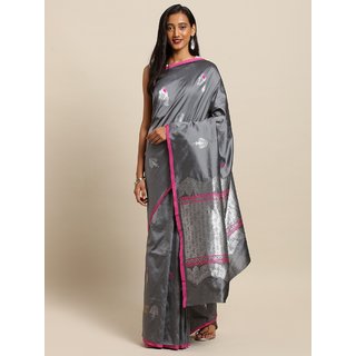                       Meia Grey & Silver-Toned Silk Blend Woven Design Kanjeevaram Saree                                              