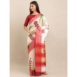                       Meia White & Red Silk Blend Printed Bhagalpuri Saree                                              