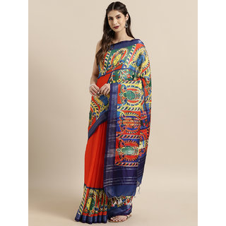                       Meia Red & Navy Blue Linen Blend kalamkari Printed Saree                                              
