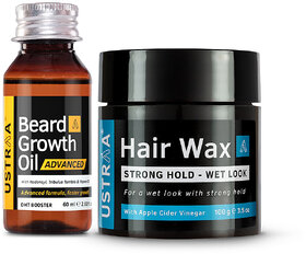 Ustraa Beard Growth Oil Advance 60 ml  and Hair Wax Wet Look 100 g