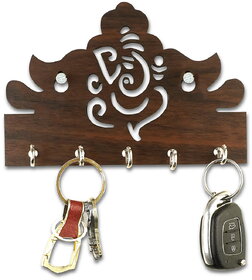 Brown Ganesha 5 Hooks Wood Key Holder