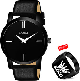 Mikado Black Slim Analog Watch With King Men Ring For Men's