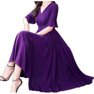 Raabta Dark Purple 0104 V-Neck Dress With Knotes
