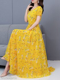 Raabta Yellow Geoergette 0106 Flower Print Long Dress