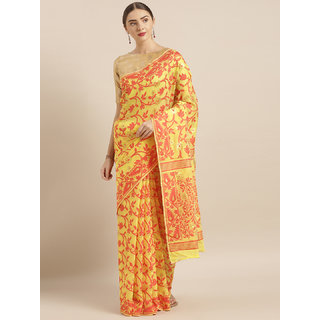                      Meia Yellow & Red Silk Cotton Woven Design Jamdani Saree                                              