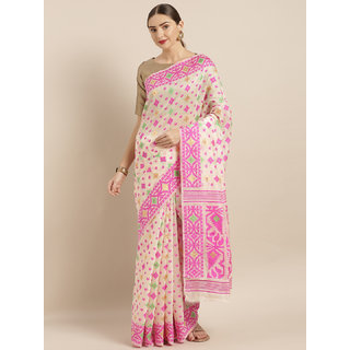                       Meia Cream-Coloured & Pink Silk Cotton Woven Design Jamdani Saree                                              