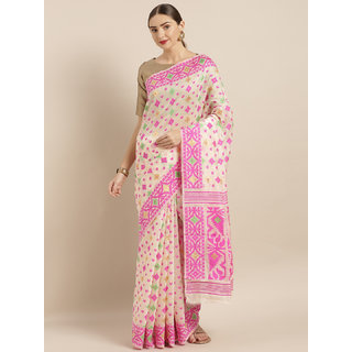 Meia Cream-Coloured & Pink Silk Cotton Woven Design Jamdani Saree Meia Cream-Coloured & Pink Silk Cotton Woven Design Jamdani Saree