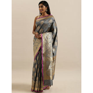 Meia Grey & Gold-Toned Silk Blend Printed Banarasi Saree Meia Grey & Gold-Toned Silk Blend Printed Banarasi Saree