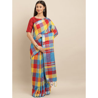                       Meia Turquoise Blue & Yellow Linen Blend Checked Saree                                              