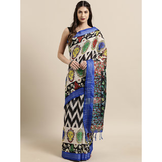                       Meia White & Blue Linen Blend kalamkari Printed Saree                                              