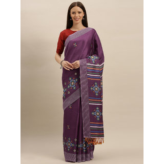                       Meia Burgundy & Blue Jute Silk Printed Saree                                              