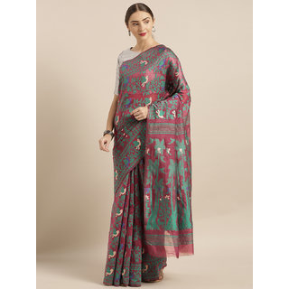                       Meia Burgundy & Green Silk Cotton Woven Design Jamdani Saree                                              
