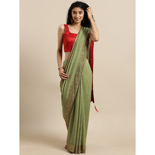                      Meia Olive Green Solid Poly Silk Saree With Embellished Border                                              