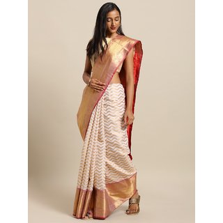 Meia White & Gold-Coloured Silk Blend Woven Design Wedding Kanjeevaram Saree Meia White & Gold-Coloured Silk Blend Woven Design Wedding Kanjeevaram Saree