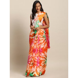                       Meia Orange & Off-White Supernet Shibori Dyed Kota Saree                                              