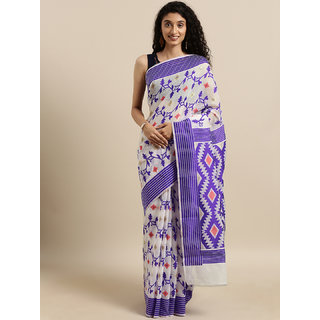                       Meia White & Purple Silk Cotton Woven Design Jamdani Saree                                              