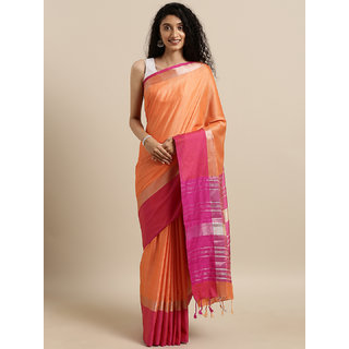                       Meia Orange & Pink Linen Blend Solid Saree                                              