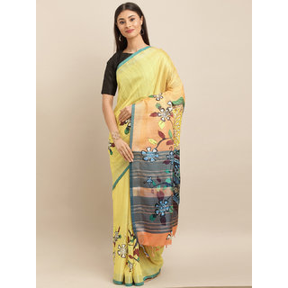                       Meia Yellow & Teal Blue Linen Blend Digital kalamkari Printed Saree                                              