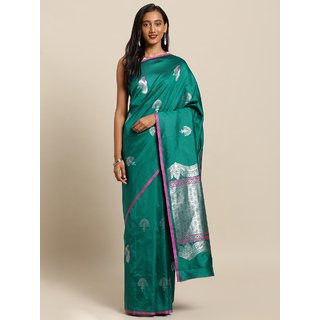 Meia Green & Silver-Toned Silk Blend Woven Design Banarasi Saree Meia Green & Silver-Toned Silk Blend Woven Design Banarasi Saree