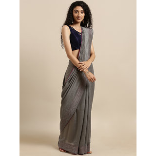                       Meia Grey Solid Poly Silk Saree With Embellished Border                                              