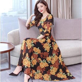                       Raabta Brown Rose Printed Long Dress                                              