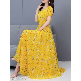                       Raabta Yellow Geoergette 0106 Flower Print Long Dress                                              