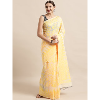                       Meia Cream-Coloured & Yellow Silk Cotton Woven Design Jamdani Saree                                              