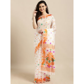                       Meia White & Orange Silk Cotton Woven Design Jamdani Saree                                              