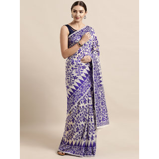                       Meia Off-White & Purple Silk Cotton Woven Design Jamdani Saree                                              