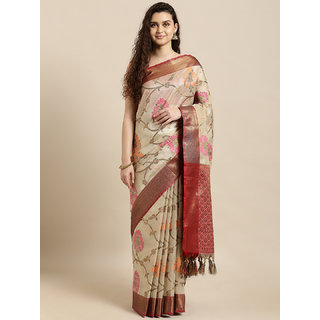                       Meia Beige & Pink Silk Blend Woven Design Kanjeevaram Saree                                              