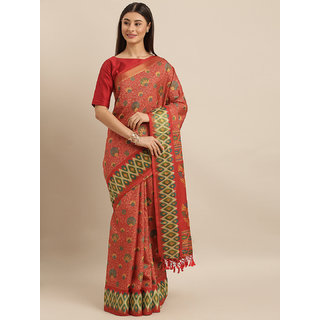 Meia Red & Green Linen Blend Printed Pochampally Saree Meia Red & Green Linen Blend Printed Pochampally Saree