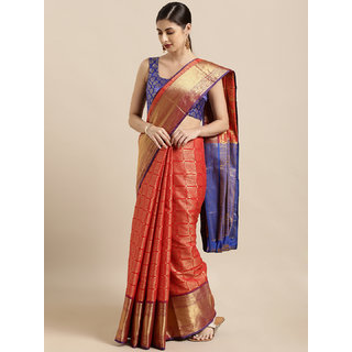                       Meia Red & Golden Silk Blend Woven Design Kanjeevaram Saree                                              