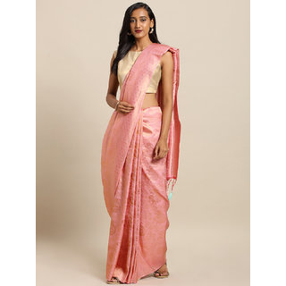                       Meia Pink & Gold-Toned Silk Blend Woven Design Baluchari Saree                                              