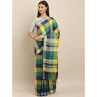                       Meia Yellow & Navy Blue Linen Blend Checked Saree                                              