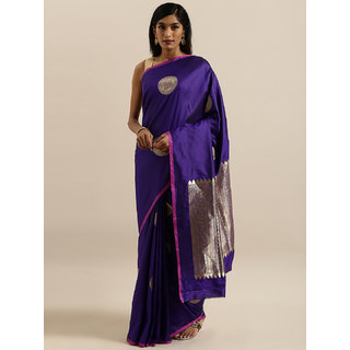                       Meia Navy Blue & Pink Silk Blend Printed Banarasi Saree                                              