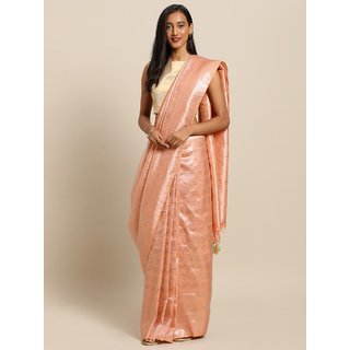 Meia Peach-Coloured Silk Blend Woven Design Baluchari Saree Meia Peach-Coloured Silk Blend Woven Design Baluchari Saree