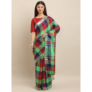                       Meia Sea Green & Red Linen Blend Checked Saree                                              