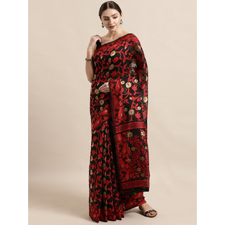                       Meia Black & Red Silk Cotton Woven Design Jamdani Saree                                              