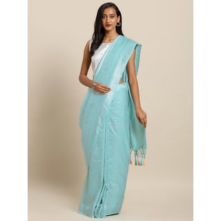 Meia Blue & Silver-Toned Silk Blend Woven Design Baluchari Saree
