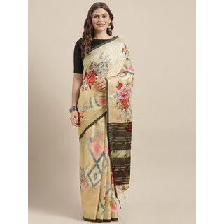 Meia Beige & Black Linen Blend Flower Angolla Digital Printed Saree Meia Beige & Black Linen Blend Flower Angolla Digital Printed Saree