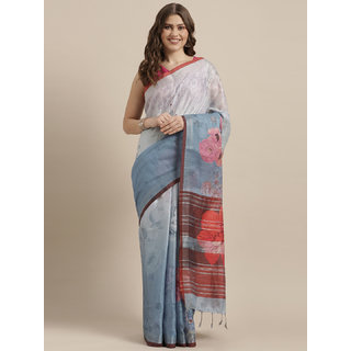                       Meia Blue & Pink Linen Blend Printed Saree                                              
