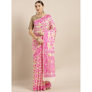 Meia Cream-Coloured & Pink Silk Cotton Woven Design Jamdani Saree Meia Cream-Coloured & Pink Silk Cotton Woven Design Jamdani Saree