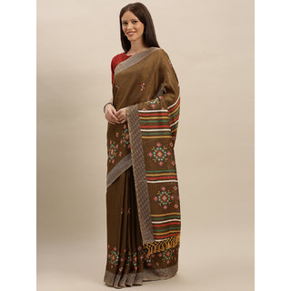                      Meia Coffee Brown Jute Silk Ethnic Printed Khadi Saree                                              