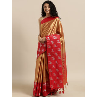                       Meia Gold-Coloured & Red Kora Muslin Silk Blend Woven Design Kanjeevaram Saree                                              