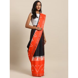                       Meia Black & Orange Linen Blend Ikat Shibori Printed Bandhani Saree                                              