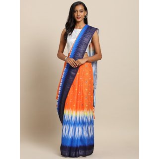                       Meia Orange & Blue Linen Blend Printed Bandhani Saree                                              