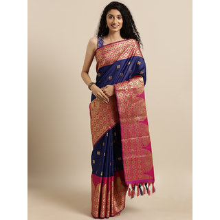 Meia Navy Blue & Pink Silk Blend Woven Design Kanjeevaram Saree Meia Navy Blue & Pink Silk Blend Woven Design Kanjeevaram Saree