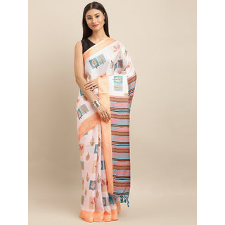 Meia Off-White & Peach-Coloured Jute Silk Printed Saree Meia Off-White & Peach-Coloured Jute Silk Printed Saree