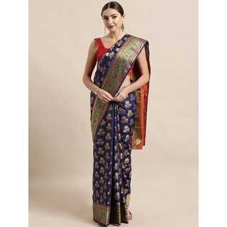                      Meia Navy Blue & Gold-Toned Silk Blend Woven Design Banarasi Saree                                              